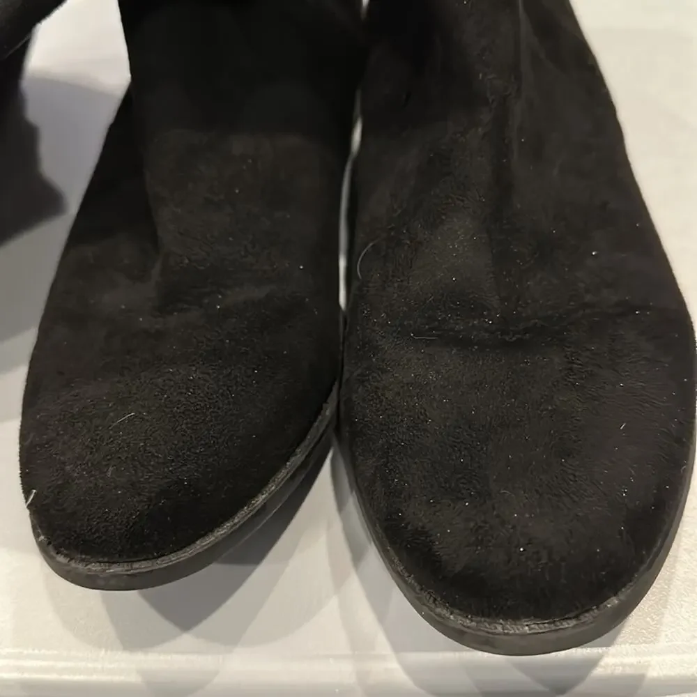 A new day microsuede Black over the knee boot Draw string top. 1”‎ heel Size 8.5